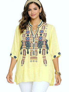 Johnny Was Biya Boho Embroidered Tunic Yellow Ethnic Print Size XL